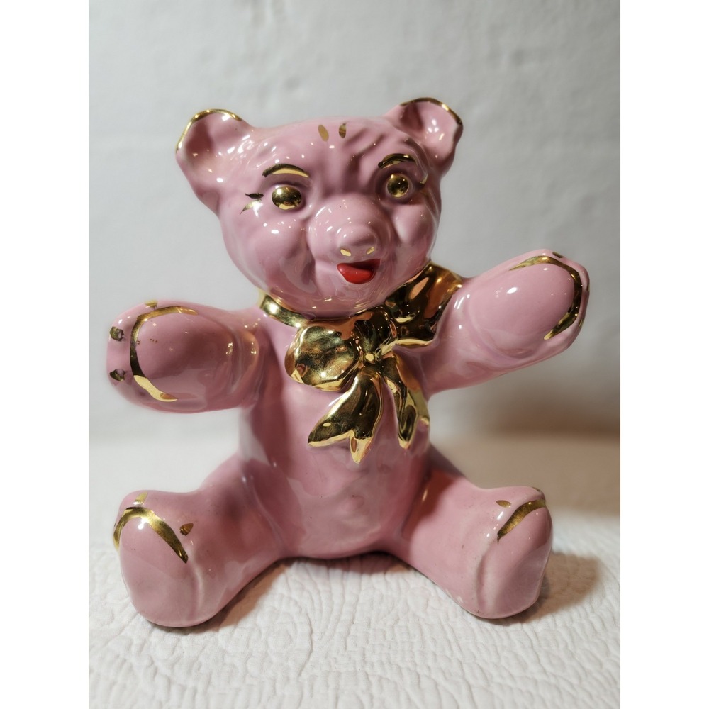 Vintage Pearl China Ceramic Teddy Bear Coin Bank Pink with 22k Gold Decoration